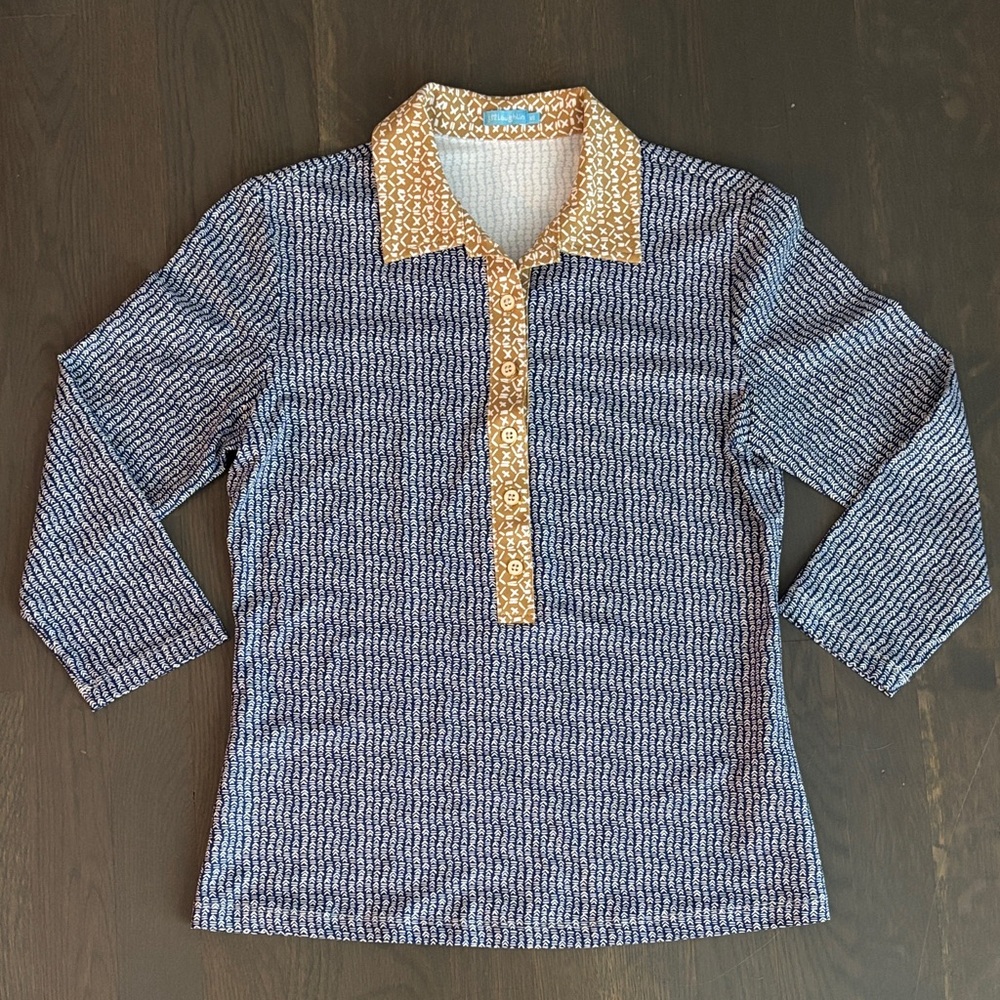 J. McLaughlin Tan and Blue Patterned Top EUC XS